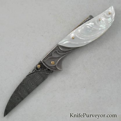 Larry Fuegan Custom Knife Fully Carved Mother of Pearl & Sole Authorship Damascus Lockback