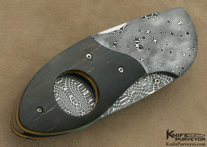Larry Newton Custom Knife Damascus & Black Mammoth Ivory Cigar Cutter Linerlock - Image 3
