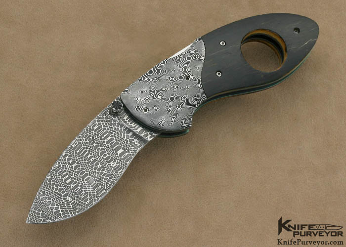 Larry Newton Custom Knife Damascus & Black Mammoth Ivory Cigar Cutter Linerlock