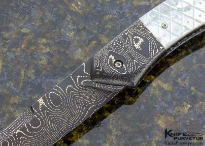 Ron Newton Custom Knife Piqued Mother of Pearl Shell & Sole Authorship Damascus Scale Release Automatic - Image 2