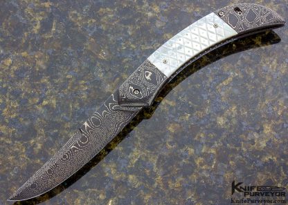 Ron Newton Custom Knife Piqued Mother of Pearl Shell & Sole Authorship Damascus Scale Release Automatic