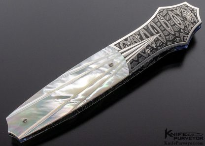 Larry Newton Custom Knife Fluted Mother of Pearl Shell & Damascus Automatic Front Lock Dagger - Image 5
