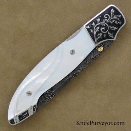 Larry Newton Custom Knife Sculpted Mother of Pearl & Damascus Lockback Folder Engraved by Jody Muller - Image 3