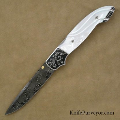 Larry Newton Custom Knife Sculpted Mother of Pearl & Damascus Lockback Folder Engraved by Jody Muller