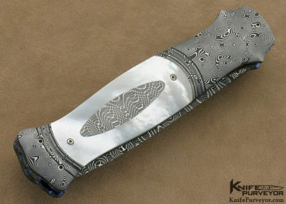 Larry Newton Custom Knife Mother of Pearl Shell & Damascus Lever Release Linerlock - Image 3