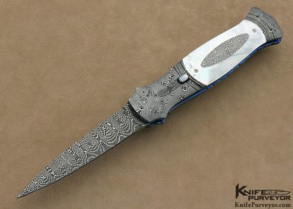 Larry Newton Custom Knife Mother of Pearl Shell & Damascus Lever Release Linerlock