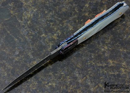 Larry Lunn "Coral Rose" Custom Knife Devin Thomas & Robert Eggerling Damascus with Carved Mother of Pearl and Coral Linerlock - Image 5