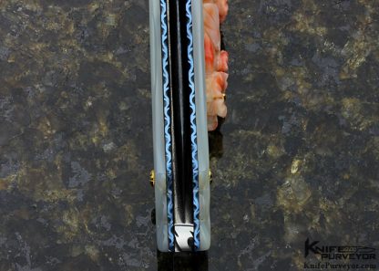 Larry Lunn "Coral Rose" Custom Knife Devin Thomas & Robert Eggerling Damascus with Carved Mother of Pearl and Coral Linerlock - Image 6