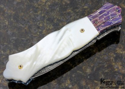Larry Lunn "Coral Rose" Custom Knife Devin Thomas & Robert Eggerling Damascus with Carved Mother of Pearl and Coral Linerlock - Image 3