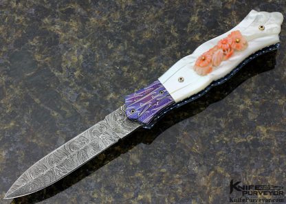 Larry Lunn "Coral Rose" Custom Knife Devin Thomas & Robert Eggerling Damascus with Carved Mother of Pearl and Coral Linerlock