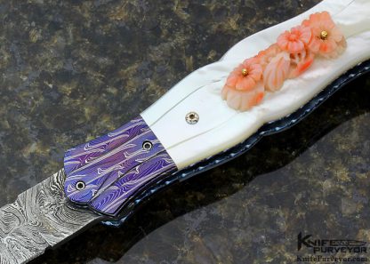 Larry Lunn "Coral Rose" Custom Knife Devin Thomas & Robert Eggerling Damascus with Carved Mother of Pearl and Coral Linerlock - Image 2
