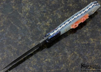 Larry Lunn "Coral Rose" Custom Knife Devin Thomas & Robert Eggerling Damascus with Carved Mother of Pearl and Coral Linerlock - Image 4