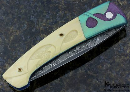 Laurent Doussot Custom Knife Devin Thomas "Raindrop" Damascus, Sculpted Mammoth & Anodized Titanium and Art Nouveau Linerlock - Image 3