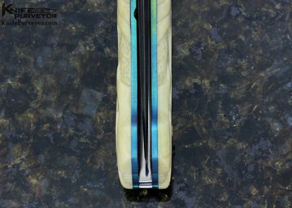 Laurent Doussot Custom Knife Devin Thomas "Raindrop" Damascus, Sculpted Mammoth & Anodized Titanium and Art Nouveau Linerlock - Image 6