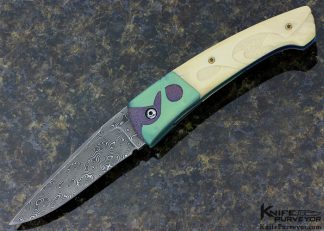 Laurent Doussot Custom Knife Devin Thomas "Raindrop" Damascus, Sculpted Mammoth & Anodized Titanium and Art Nouveau Linerlock