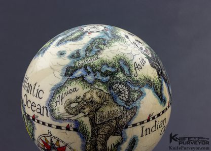 Linda Karst Stone Scrimshawed Antique Billiard Ball Globe with Animal Motif - Image 4