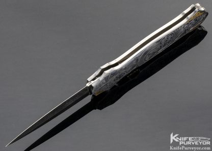 Joe Kious Custom Knife Jerry Rados "Turkish Twist" Damascus Double Pocket Locket Auto Engraved by Lisa Tomlin "Leda and the Swan" & "Helen of Troy" - Image 9