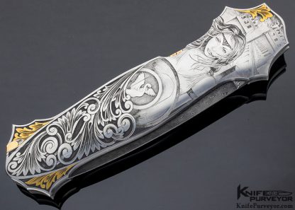 Joe Kious Custom Knife Jerry Rados "Turkish Twist" Damascus Double Pocket Locket Auto Engraved by Lisa Tomlin "Leda and the Swan" & "Helen of Troy" - Image 5