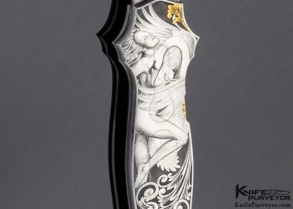 Joe Kious Custom Knife Jerry Rados "Turkish Twist" Damascus Double Pocket Locket Auto Engraved by Lisa Tomlin "Leda and the Swan" & "Helen of Troy" - Image 3
