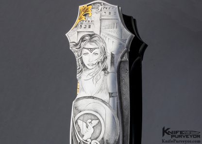 Joe Kious Custom Knife Jerry Rados "Turkish Twist" Damascus Double Pocket Locket Auto Engraved by Lisa Tomlin "Leda and the Swan" & "Helen of Troy" - Image 6