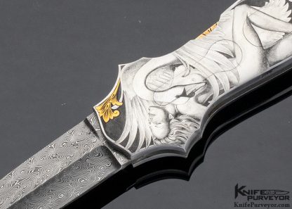 Joe Kious Custom Knife Jerry Rados "Turkish Twist" Damascus Double Pocket Locket Auto Engraved by Lisa Tomlin "Leda and the Swan" & "Helen of Troy" - Image 2