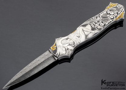 Joe Kious Custom Knife Jerry Rados "Turkish Twist" Damascus Double Pocket Locket Auto Engraved by Lisa Tomlin "Leda and the Swan" & "Helen of Troy"