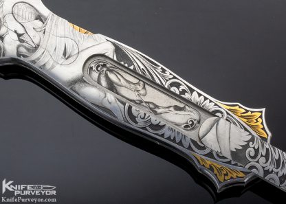Joe Kious Custom Knife Jerry Rados "Turkish Twist" Damascus Double Pocket Locket Auto Engraved by Lisa Tomlin "Leda and the Swan" & "Helen of Troy" - Image 4