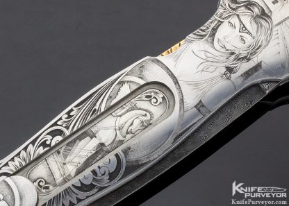 Joe Kious Custom Knife Jerry Rados "Turkish Twist" Damascus Double Pocket Locket Auto Engraved by Lisa Tomlin "Leda and the Swan" & "Helen of Troy" - Image 7