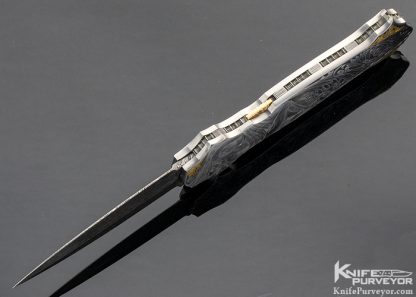 Joe Kious Custom Knife Jerry Rados "Turkish Twist" Damascus Double Pocket Locket Auto Engraved by Lisa Tomlin "Leda and the Swan" & "Helen of Troy" - Image 8