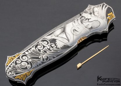 Joe Kious Custom Knife Jerry Rados "Turkish Twist" Damascus Double Pocket Locket Auto Engraved by Lisa Tomlin "Leda and the Swan" & "Helen of Troy" - Image 11