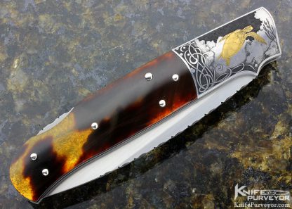 W.D Pease Custom Knife Engraved by Lisa Tomlin Amber Lockback with 24Kt. Gold Inlays - Image 3