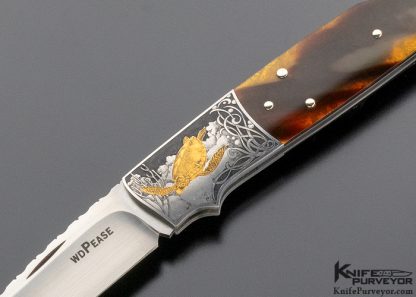 W.D Pease Custom Knife Engraved by Lisa Tomlin Amber Lockback with 24Kt. Gold Inlays - Image 2