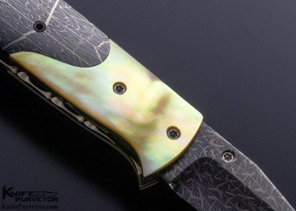 Lloyd McConnell Custom Knife Damascus and Gold Lip Pearl Linerlock Folder - Image 4