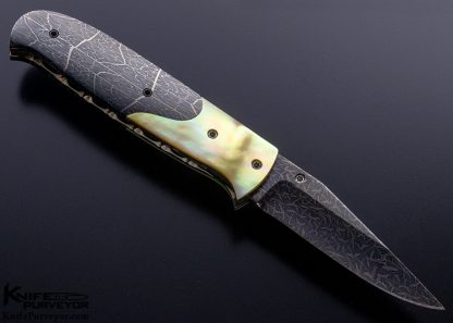 Lloyd McConnell Custom Knife Damascus and Gold Lip Pearl Linerlock Folder - Image 3