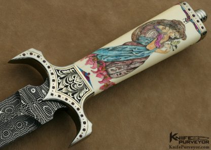 Don Lozier's Custom Knife: Jewel Encrusted, Damascus Dagger Engraved by Julie Warenski & Scrimshawed by Roni Dietrich - Image 6