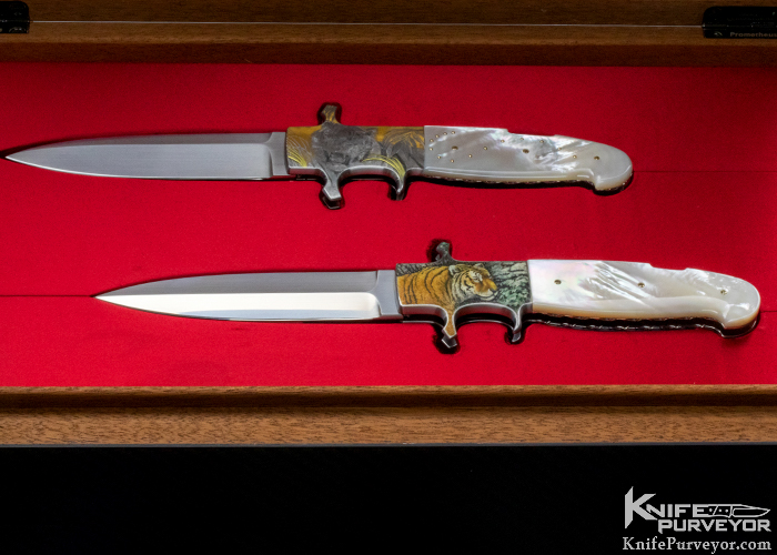 Fabrizio Silvestrelli Set of 2 Mother of Pearl Subhilt Lock-back Fighters Engraved by Creative Arts & Mario Terzi