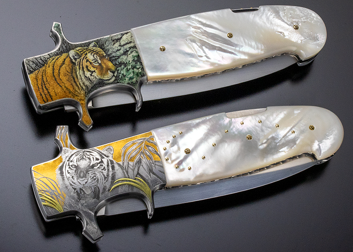 Fabrizio Silvestrelli Set of 2 Mother of Pearl Subhilt Lock-back Fighters Engraved by Creative Arts & Mario Terzi - Image 20