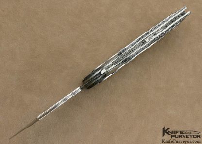 Matthew Lerch Custom Knife Differenitally Polished Damascus with Polished Fluted Stainless Steel & Blacklip Linerlock - Image 5