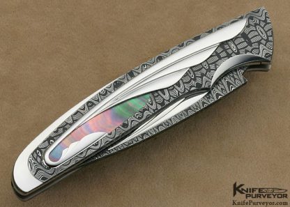 Matthew Lerch Custom Knife Differenitally Polished Damascus with Polished Fluted Stainless Steel & Blacklip Linerlock - Image 3