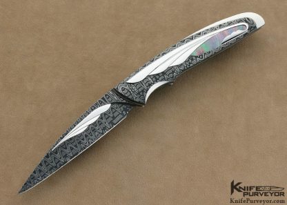 Matthew Lerch Custom Knife Differenitally Polished Damascus with Polished Fluted Stainless Steel & Blacklip Linerlock