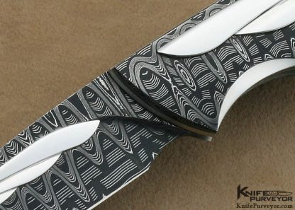 Matthew Lerch Custom Knife Differenitally Polished Damascus with Polished Fluted Stainless Steel & Blacklip Linerlock - Image 2