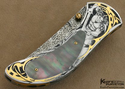 Matthew Lerch Custom Knife Ray Cover Jr. Engraved Black Lip Tahitian Pearl Shell Interframe "Richfield" D/A Linerlock - Image 5