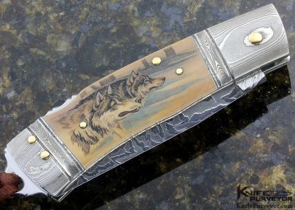 Kay Embretsen Custom Knife  Sole Authorship Damascus Double Bolster Lockback Scrimshawed Matthew Stodhart "Caribou and Wolves" (Featured in a Video) - Image 5