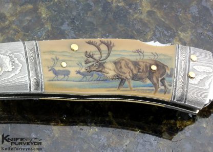 Kay Embretsen Custom Knife  Sole Authorship Damascus Double Bolster Lockback Scrimshawed Matthew Stodhart "Caribou and Wolves" (Featured in a Video) - Image 3