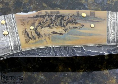 Kay Embretsen Custom Knife  Sole Authorship Damascus Double Bolster Lockback Scrimshawed Matthew Stodhart "Caribou and Wolves" (Featured in a Video) - Image 4