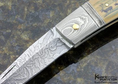 Kay Embretsen Custom Knife  Sole Authorship Damascus Double Bolster Lockback Scrimshawed Matthew Stodhart "Caribou and Wolves" (Featured in a Video) - Image 2