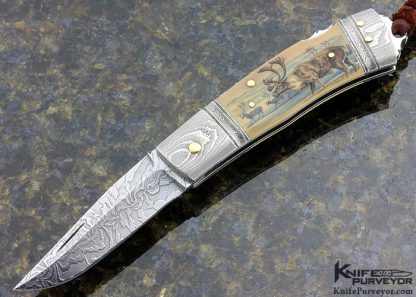 Matthew Stodhart Scrimshawed "Caribou and Wolves" Kaj Embretsen Custom Knife Two Bolster Lockback 8259 Open