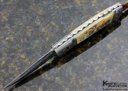 Kay Embretsen Custom Knife  Sole Authorship Damascus Double Bolster Lockback Scrimshawed Matthew Stodhart "Caribou and Wolves" (Featured in a Video) - Image 6