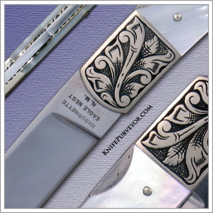 Harvey McBurnette's Custom Knife: Mother of Pearl Frontlock with Sole Authorship Engraved Nickle Silver Bolsters - Image 2
