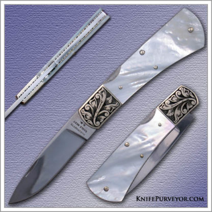 Harvey McBurnette's Custom Knife: Mother of Pearl Frontlock with Sole Authorship Engraved Nickle Silver Bolsters